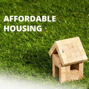 Affordable Housing (a toy house made of small wooden blocks on a grassy lawn)